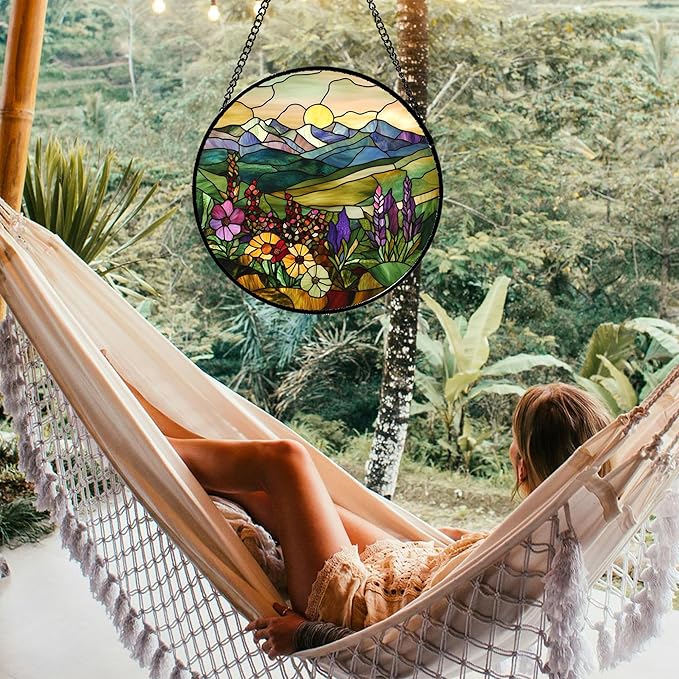 QZQCBLC Stained Glass Window Hanging Purple Wildflowers Pastoral Scenery 6.3" - Suncatcher Door Garden Sun Catcher Home Decor Birthday Christmas for Mom Men Woman Friend