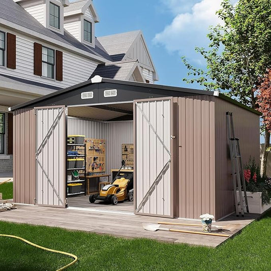 Aoxun 12x10 FT Shed Outdoor Storage Shed with Large Doors & Galvanized Steel, Large Shed Steel Utility Tool Shed Storage House with Door & Lock, for Patio Lawn Garden Sand, Brown
