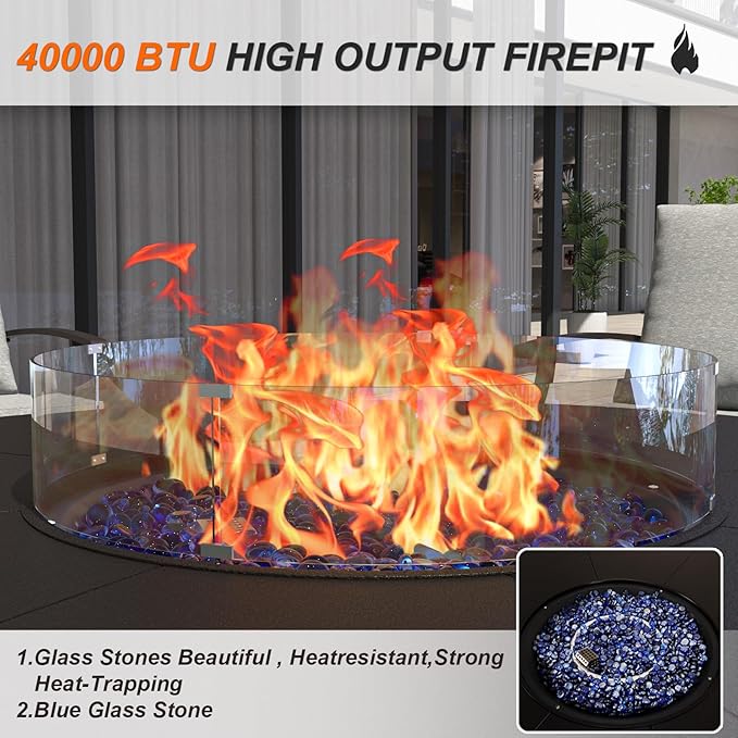 Kurapika 5 Piece Metal Outdoor Patio Furniture Set with Round Fire Pit Table, Patio Conversation Sets 4 Fixed Chairs with Thick Cushion and 40000 BTU Fire Pit Table, Navy Blue