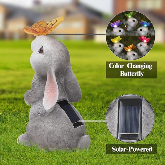 PaLuQiYa Garden Statue Outdoor Decor-Rabbit with Solar Butterfly Changing Lights Garden Statues,Bunny Statue for Patio,Balcony,Yard,Lawn Ornament,Gardening Gifts for Mom Grandma