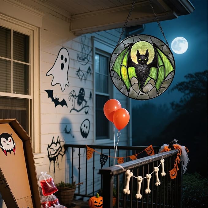 CRISGIF Stained Glass Window Hanging - Halloween Black Bat Green Wings Monster Suncatcher for Doors Garden Home Spooky Sun Catchers Gothic Decor Horror Gift for Women Men Friend Boy Girl 11.8 in