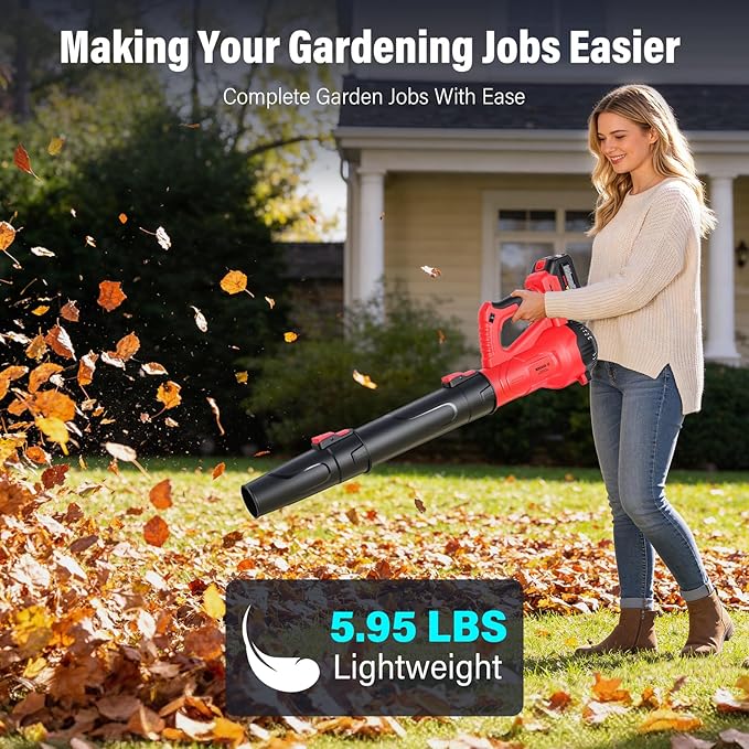 Yaofafa Leaf Blower Cordless with 6-Speed Control, 218CFM Electric Leaf Blower with 2×4000mAh Batteries & Fast Charger, Lightweight Cordless Blower for Patio, Lawn and Garden Cleaning(Red)