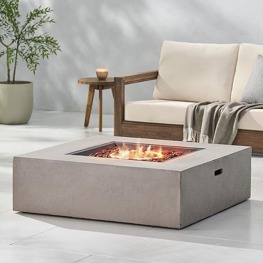 Merax 40-inch Modern Square MGO Propane Fire Pit Table, 50,000 BTU Outdoor Patio Heater with Exterior Tank Hookup, Concrete Firepit, Light Grey