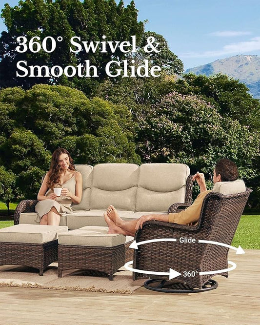 HILLGA Luxury Patio Furniture Set with 6-Inch Thick Cushions, High Back Outdoor Swivel Rocker Chairs and Patio Couch, 10-Piece All Weather Conversation Set for Porch Deck Pool Yard, Beige (V3)