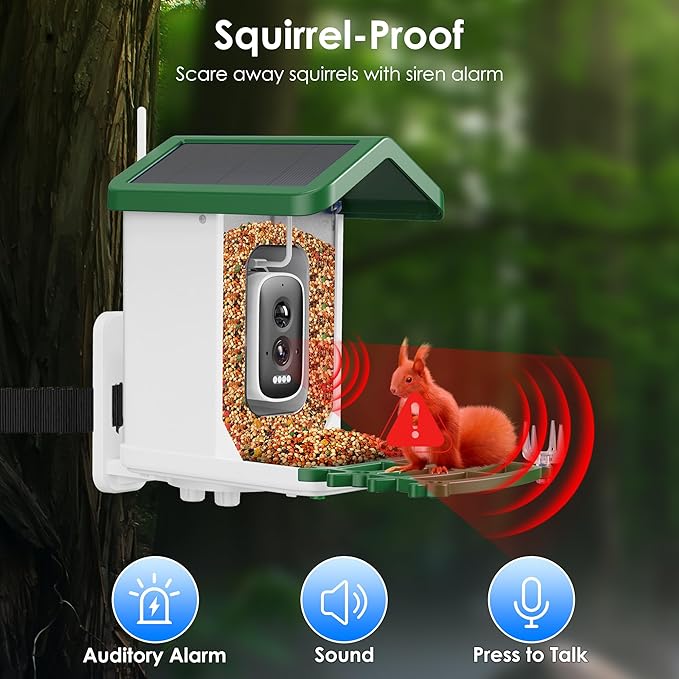 Bird Feeder with Camera, 2.5K UHD, AI Bird Species Recognition, Solar Powered, Instant Arrival Alerts, Weatherproof Squirrel-Proof Birdhouse with WiFi App Live View, 32GB Card & Accessories Included