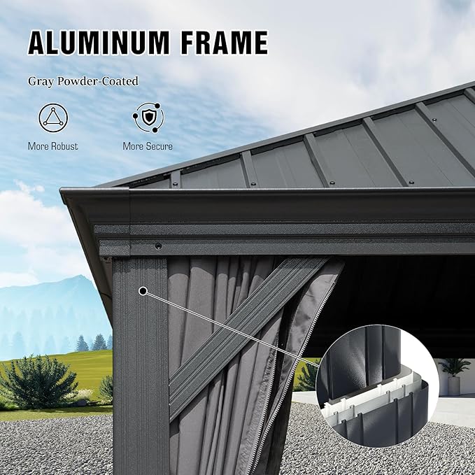 Domi 12'x12' Hardtop Gazebo Canopy,Outdoor Aluminum Gazebo with Galvanized Steel Double Roof,Permanent Gazebos with Drainage System,Curtain and Netting Included,Grey