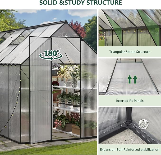 Green House for Outside, Greenhouse for Outdoor, Backyard Green House, Walk-in Garden Greenhouse, Heavy Duty Polycarbonate Greenhouses 6x12