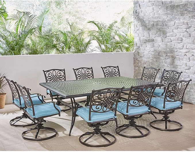 Hanover Traditions 11-Piece Modern Outdoor Dining Set with Rust Resistant Cast Aluminum Rectangular Large Dining Table and 10 Swivel Rocker Chairs with Plush Weather Resistant Blue Cushions