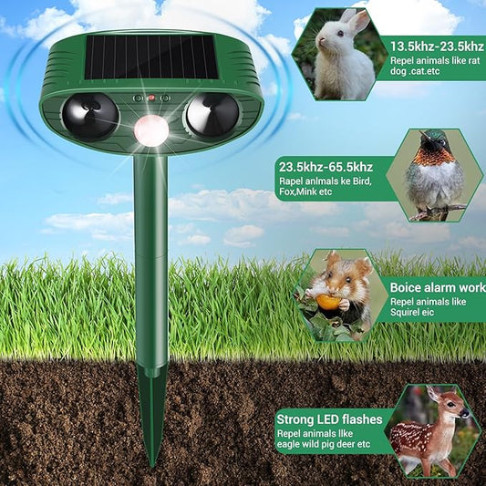 Stray Cat Deterrent Outdoor Solar Powered - Motion Activated Animal Repeller Ultrasonic, Humane Pest Control for Gardens, Yards to Repel Deer,Raccoons,Squirrels,Skunks,Birds,Rabbits