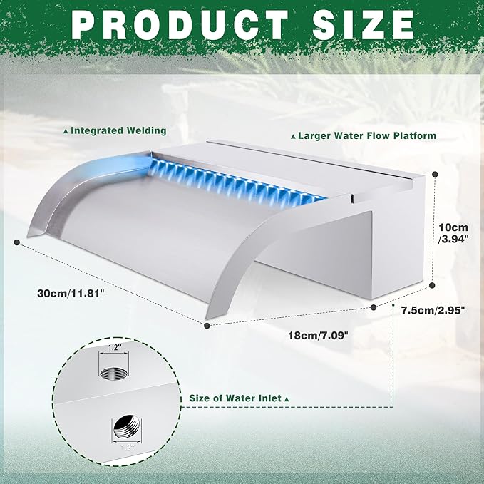 LONGRUN Pool Fountain Stainless Steel Outdoor Pond Spillway Waterfall with Wider Water Flow Platform Multi-Color LED Light Spray Indoor Waterfall Fountains for Garden-11.8"