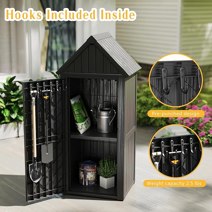 Storage Shed Outdoor,Waterproof Resin Garden Tool Shed, Heavy-Duty Weather-Resistant Cabinet for Patio, Backyard, or Garage (Deep Black)