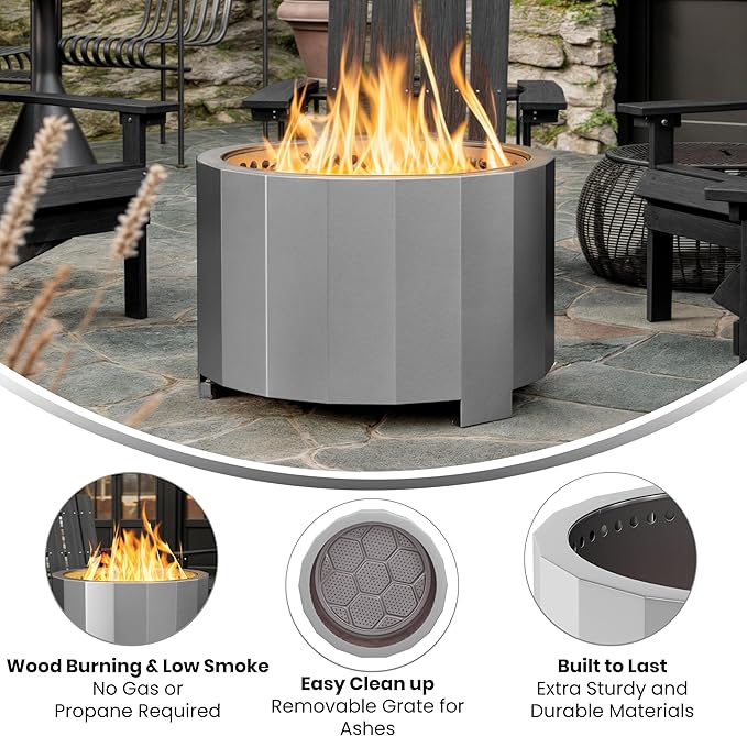 Flash Furniture Titus Commercial Grade Wood Burning Smokeless Outdoor Firepit - Fingerprint Resistant Stainless Steel - 27 inches - Portable - Waterproof Cover