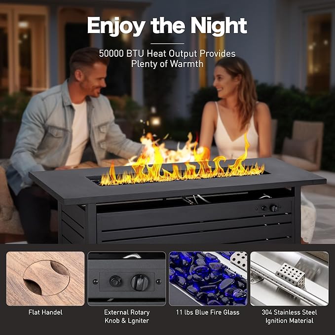 4 Piece Black Metal Outdoor Patio Furniture Sets with Firepit Table, Patio Conversation Sets 1 3-Seater Sofa, 2 Rocking Sofa with 5.75" Thick Cushion Backyard Furniture for Deck, Beige