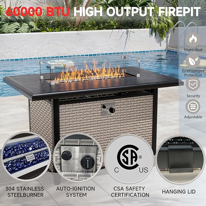 Outdoor Patio Furniture Set with Rattan Fire Pit Table 8-Piece Modular Wicker Sectional Sofa with Ottomans and Thick Cushions, Modern Rattan Outdoor Conversation Couch, Khaki