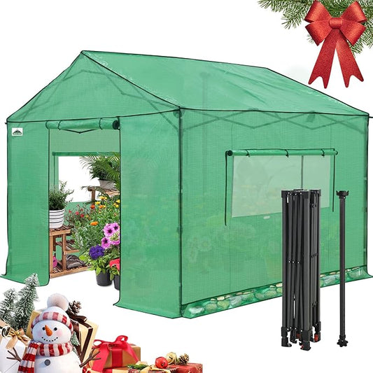 EAGLE PEAK 10x10 Portable Pop Up Greenhouse, Patented Center Lock Easy One Person Setup, Walk-in Outdoor Greenhouse with Gable Roof, Weight Bags, Zippered Doors & Windows - Winter Support Pole, Green