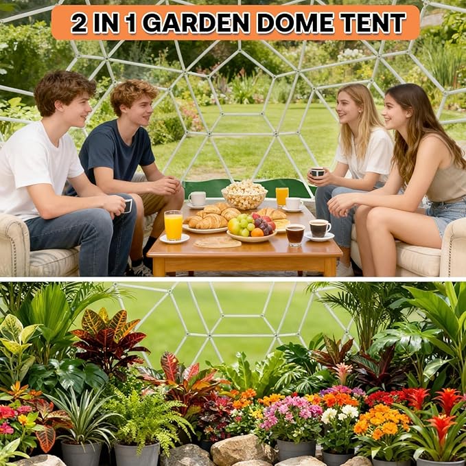 Garden Dome Tent 15*9.5FT, 360° View Geodesic Dome Greenhouse with PVC Clear Cover, Waterproof Garden Bubble Dome Tent House with 2 x 10M Light Strings for Outdoor, Green