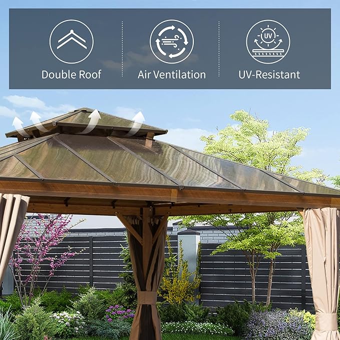 Domi 12' X 12' Hardtop Gazebo with Polycarbonate Double Roof, Aluminum Frame, Curtains & Netting, All-Weather Backyard Shade Structure for Patio, Garden, Deck, and Lawn, Wood-Look Finish