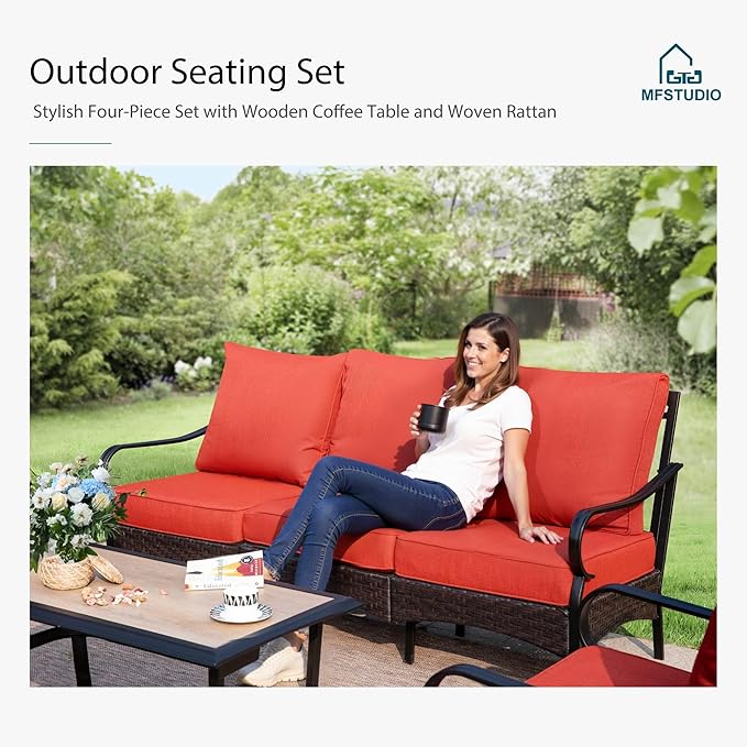 MFSTUDIO 5 PCS Outdoor Patio Furniture Set, Metal Outdoor Conversation Set, Rattan Wicker Patio Sectional Sofa Set with 2 x Swivel Single Sofa, 2-Seat and 3-Seat Sofa, 1 x Coffee Table, Red