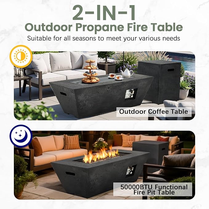 ECOTOUGE 2-Piece Propane Fire Pit Table, Outdoor Gas Fire Pit Set w/Tank Cover, 42''Auto-Ignition Steel Fire Table, 50,000 BTU Trapezoid Concrete Fire Pit w/Weather-Resistant Pit Cover, Black
