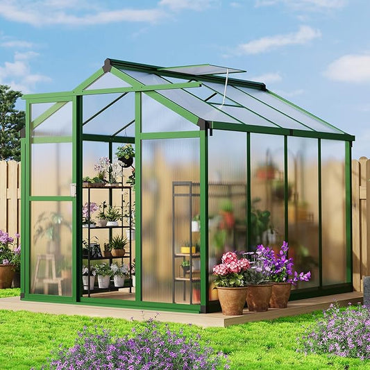 6x8FT Walk in Greenhouse with Reinforced Aluminum Alloy Frame & Snap in Polycarbonate Panels, Adjustable Roof Vent & Rainwater Gutter for Year Round Plant Growth in Garden, Patio, Backyard