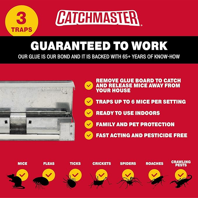 Catchmaster Pro Series Multi-Catch Mini Mouse Trap 6-Pack, Humane Mouse Traps Indoor for Home, Includes Replaceable Glue Board, Live Catch Pest Control for Garage & Shed