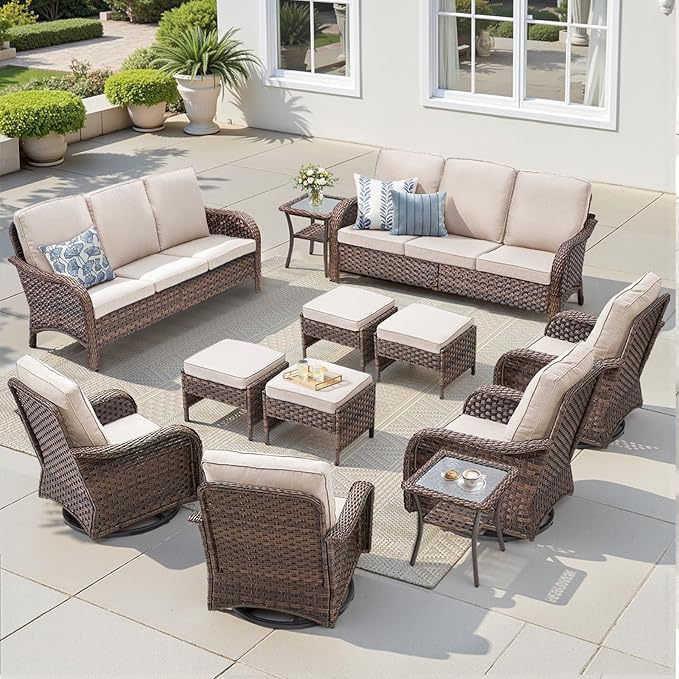 12 Pieces Outdoor Patio Furniture Set-All-Weather Outdoor Furniture Set with High Back Wicker Swivel Patio Chair Set of 4, Patio Conversation Sets for Garden Porch Deck Brown/Beige