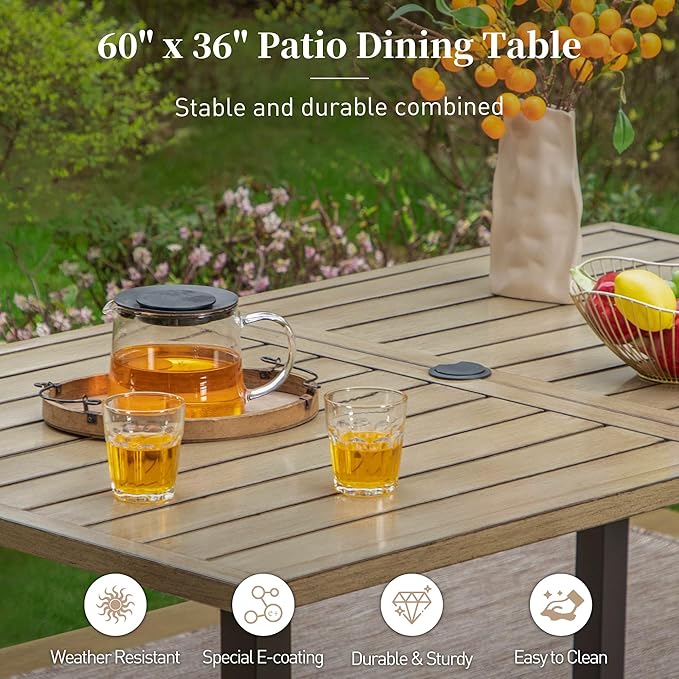 60" Patio Dining Table for 6,Teak Color Rectangle Patio Table with Umbrella Hole,E-Coating and Powder Coating Steel Frame Metal Outdoor Patio Table for Garden Backyard Lawn Yard