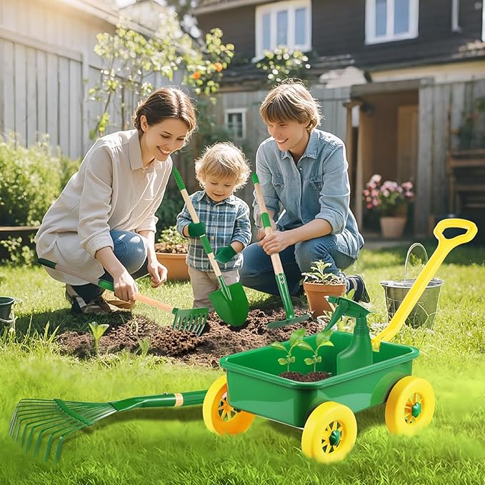 Duckura Kids Gardening Tools Set - 7pcs Wheelbarrow Set Outdoor Toy for Kids with Shovel, Rake, Leaf Rake, Yard Digging Weed Toys, Valentine's Birthday Gifts for Boys Girls Age 2 3+Years Old(Yellow)