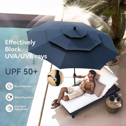 PHI VILLA 10ft Outdoor Patio Umbrellas for Outside, 3 Tier Vented Market Table Umbrella Windproof for Backyard, Deck, Garden, 1.5" Pole, Dark Blue（No Base）