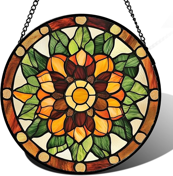 AMDERVEN Stained Glass Window Hanging - Yellow Green Boho Style Flowers Sun Catcher for Door Garden Home Decor Suncatcher Christmas Mother's Day Birthday Gifts for Women Mom Girl Nana Friend 9.8 in