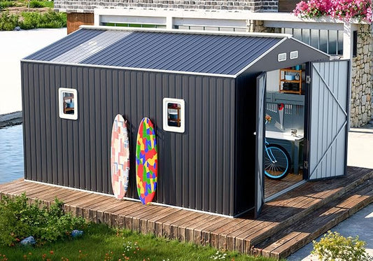 Metal Storage Shed 10x10 FT Large Outdoor Tools House with Unique Clear Roof Skyview Windows Air Vents Door for Garden Patio Lawn Backyard to Store Bikes,Lawnmower,Garage,Dark Grey