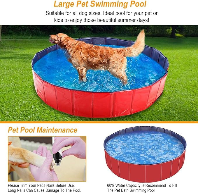 Foldable Pet Swimming Pool - Large 63" PVC Kiddie Dog Pool Bathing Tub for Dogs Cats Kids Portable Summer Outdoor Water Playmat Non-Slip Bottom Easy Drain (Red)
