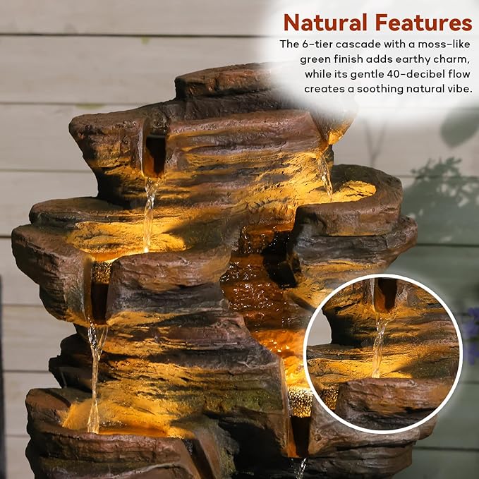 Bumilgar 24.2" H 6-Tier Outdoor Water Fountain, Features Rock Garden Waterfall Fountains with Warm Lights, Floor-Standing for Patio, Backyard, Deck, Porch, Home Décor, Brown