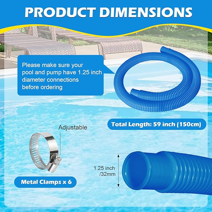 4 Pcs 1.25" Pool Hose, 59" Long Accessory Pool Pump Replacement Hoses, Compatible with All Above Ground Pool Filter Pumps that Use 1 1/4 Diameter Hoses
