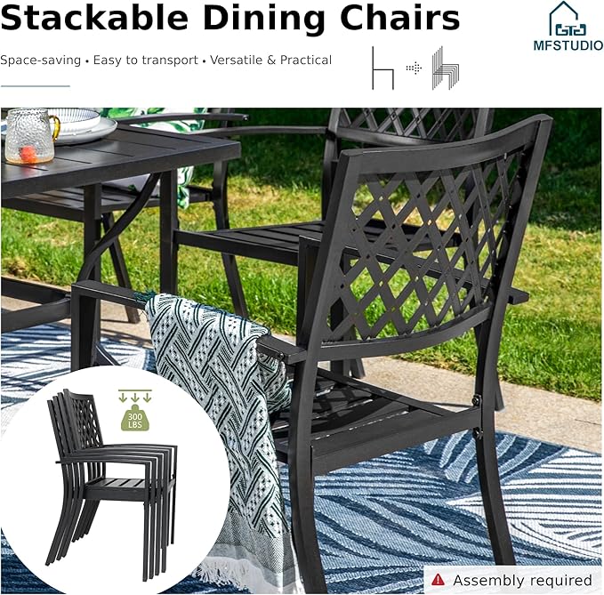 MFSTUDIO Outdoor Dining Set for 6, Patio Table and Chairs Set with Umbrella Hole, 7 Piece Outdoor Patio Furniture Set with 1 Metal Table 4 Stackable Chairs and 2 Swivel Chairs