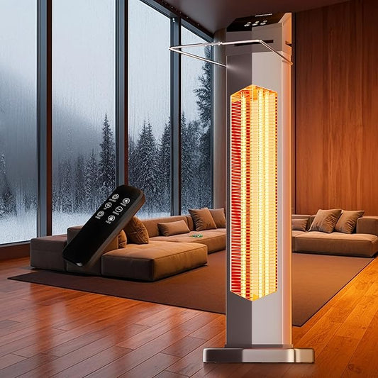 AKIRES Outdoor Electric Patio Heater,37IN 1500W Infrared Tower Heater with Instant Heating,Tip-Over & Overheat Protection,IP54 Waterproof Space Heater For Patio Garage Indoor & Outdoor Use,Silver
