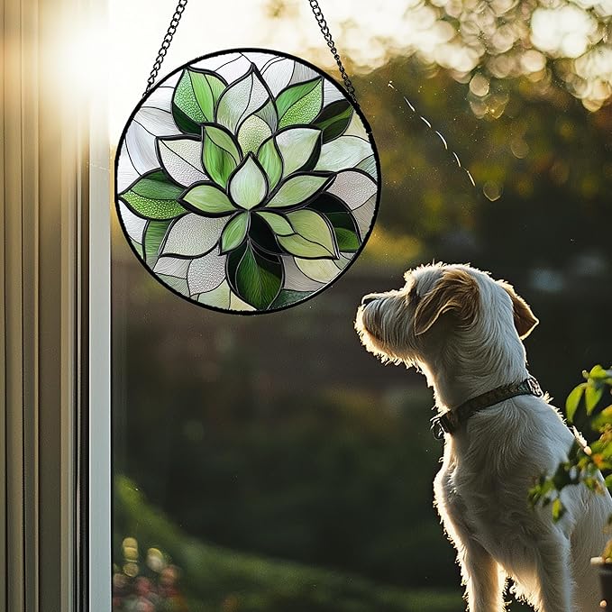 CRISGIF Stained Glass Window Hanging - Ireland Green Plants Suncatcher for Doors Garden Succulent Sun Catchers Decor Mother's St. Patrick's Day Birthday for Women Men Mom Nana 9.8 in