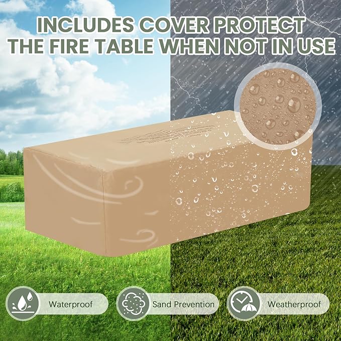 ECOTOUGE Propane Fire Pit, Outdoor Gas Fire Pit Table Set w/Side Handles, 42''Auto-Ignition Steel Fire Table, 50,000 BTU Trapezoid Concrete Fire Pit, Weather-Resistant Pit Cover, smokeless, Black