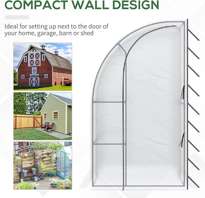 Outsunny 7' x 4' x 7' Outdoor Lean to Greenhouse, Walk-in Green House Plant Nursery with Roll-up Window, PE Cover, White