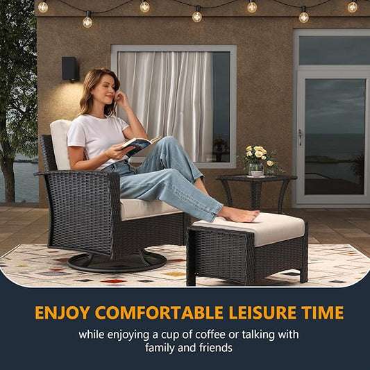 5 Pieces Outdoor Patio Furniture Set, Wicker Patio Sectional Set Conversation Wicker Swivel Chairs with Small Side Table