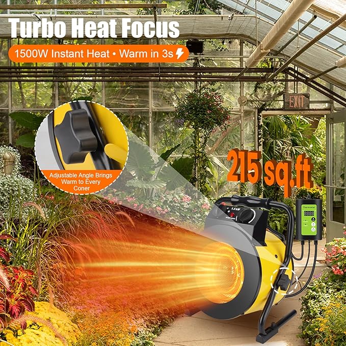 Greenhouse Heater with Thermostat, 1500W Outdoor Heaters for Patio, Fast Heating, Overheat Protection, Electric Space Heaters for Greenhouse, Grow Tent, Patio, Garage, Indoor（Yellow）