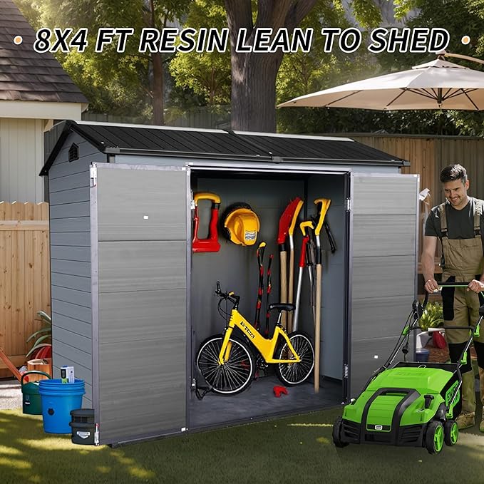 8x4FT Resin Outdoor Storage Shed with Floor and 2 Windows,Waterproof Plastic Sheds with Lockable Doors,Outside Garden Tools Sheds for Backyard Patio,Gay+Black