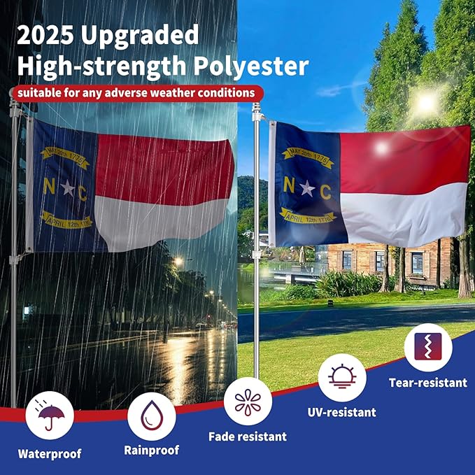 EMBROID North Carolina Flag 3x5,Fully Embroidery Technique,Tear Resistant,Sewn Stripes and Brass Grommets,Upgraded High-strength Polyester Fabric,All Weather Durable State Flags.