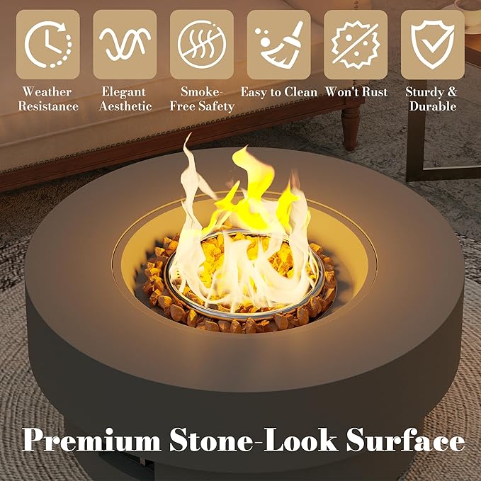 32.5 Inch Propane Fire Pit Table, 50,000 BTU Round Patio Fire Pit Table Outdoor, CSA Certified, Stainless Burner with Steel Lid, Waterproof Cover & Lava Rocks, for Backyard Garden, Gray
