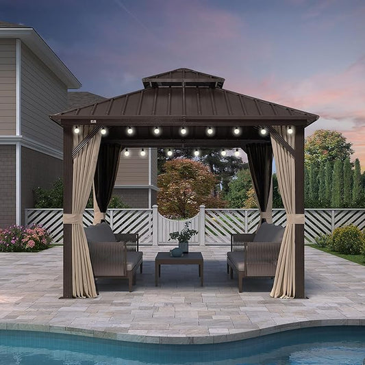 PURPLE LEAF 10’ X 10' Hardtop Gazebo Outdoor Gazebos Metal Frame Galvanized Steel Double Roof with Curtains and Nettings for Patio Desk Backyard Bronze