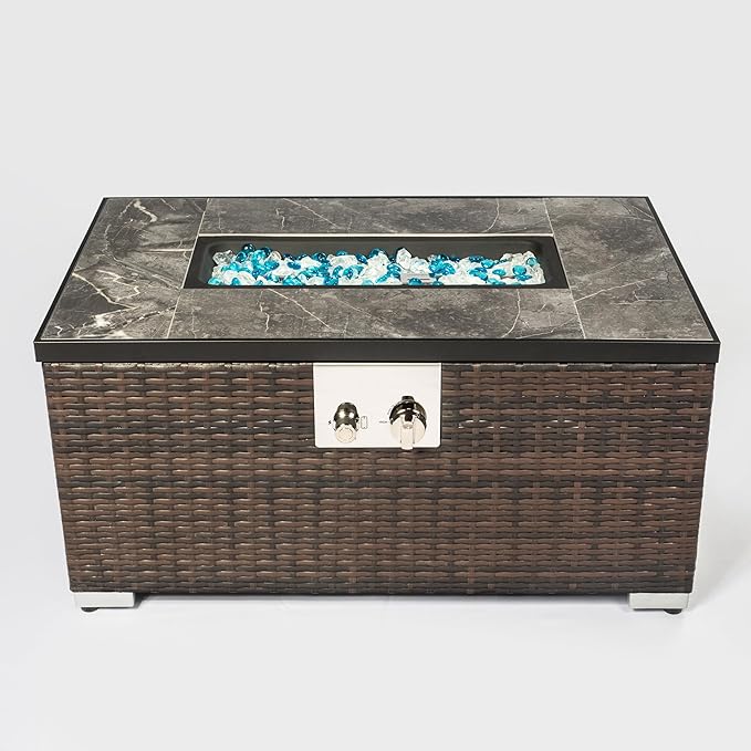 Propane Fire Pit Table, 32" Firepits for Outside, Gas Fire Pit for Outside Patio, Propane Fire Table with Steel Lid, Rain Cover for Patio, 50000BTU, Tank Outside, Tank Not Included, Brown