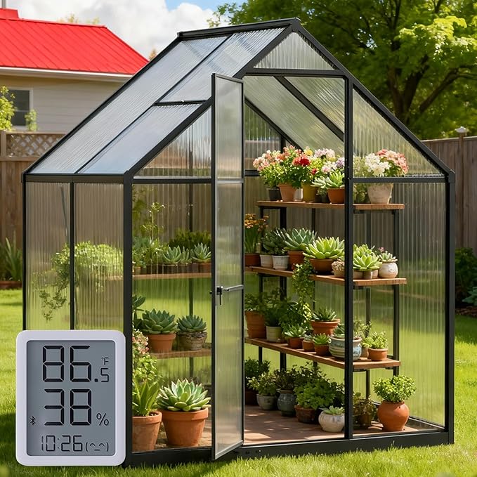 6X4 FT Polycarbonate Greenhouse, Small Walk-in Green House for Outside with Electronic Thermometers, Reinforced Aluminum Frame Greenhouses, Heavy Duty Garden, Patio, Backyard Planting