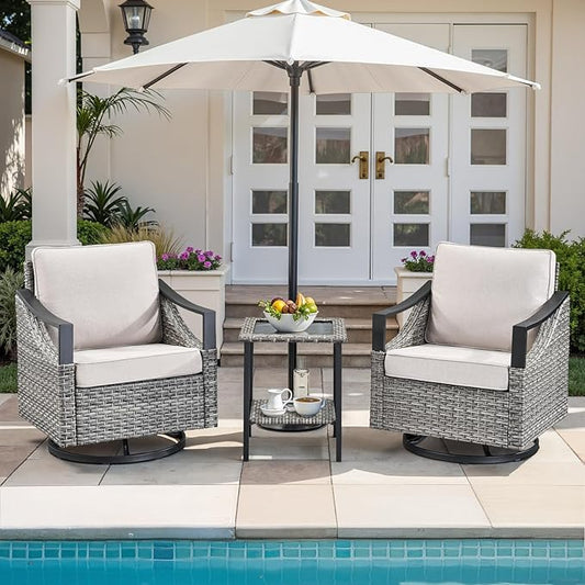 3 Pieces Outdoor Patio Furniture Sets - Wicker Swivel Patio Rocker Chairs Set of 2 with Glass Side Table, High Back Swivel Glider Chair with Deep Seating for Porch Deck Balcony Garden Gray/Beige