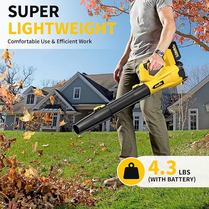 FULLYEA Cordless Leaf Blower 650 CFM, 6 Speed Modes, Electric Leaf Blower Cordless with 3 Tubes & 2x4.0Ah Batteries, 21V Battery Powered Leaf Blowers for Patio, Yard, Garage Cleaning (Yellow)