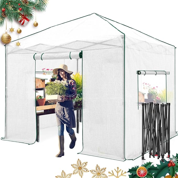 EAGLE PEAK Instant Pop-up Greenhouse, Indoor Outdoor Plant Gardening Green House, Roll-Up Zipper Doors and Side Windows, Walk in 10x10 ft, White/Clear